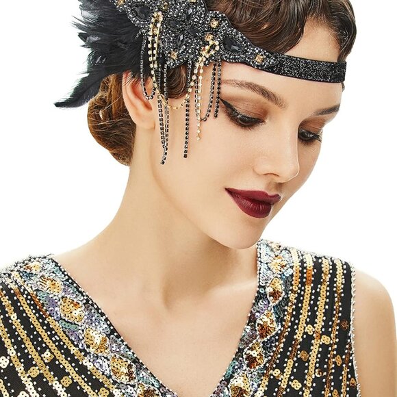 Accessories - Flapper Headpiece Feather Beads Crystal Gatsby Roaring 20s Accessories